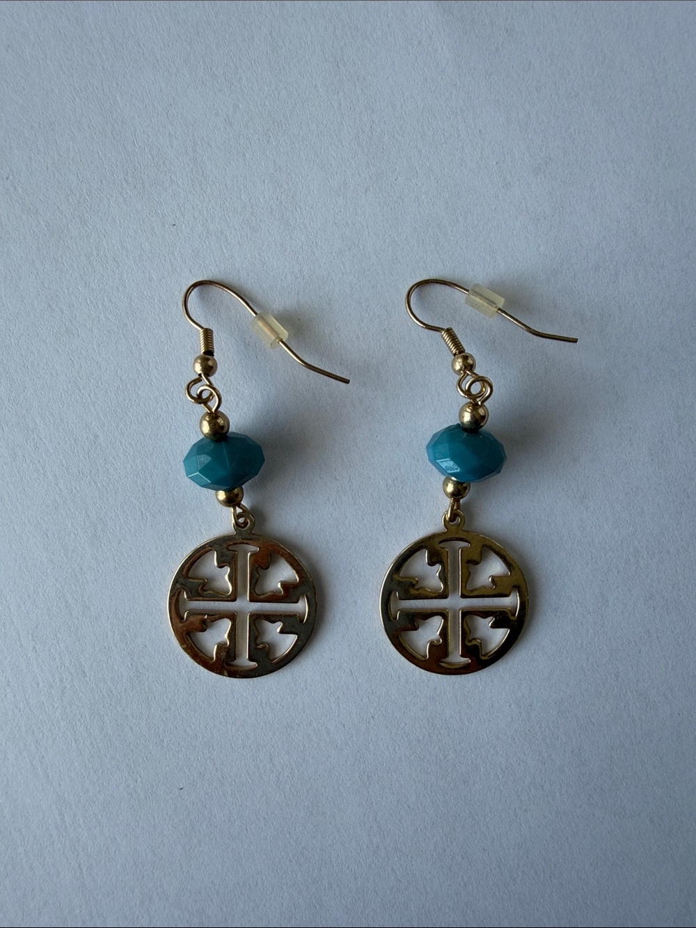 Gold Cross Circle Drop Earrings with Teal Beads (Tory Burch look alike)